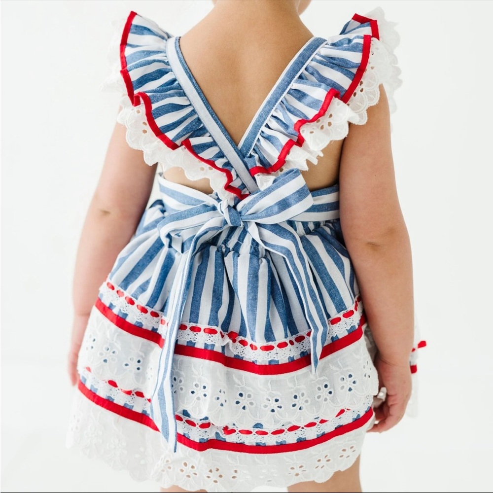 BUMS & ROSES Blue White Striped Ruffle Dress with Open Cris Cross Back, 3-6 Mos